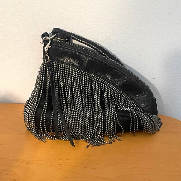 HOBO Black Leather Chain Fringe Wristlet Small Exquisite Evening Bag Mini Purse - Picture 3 of 9